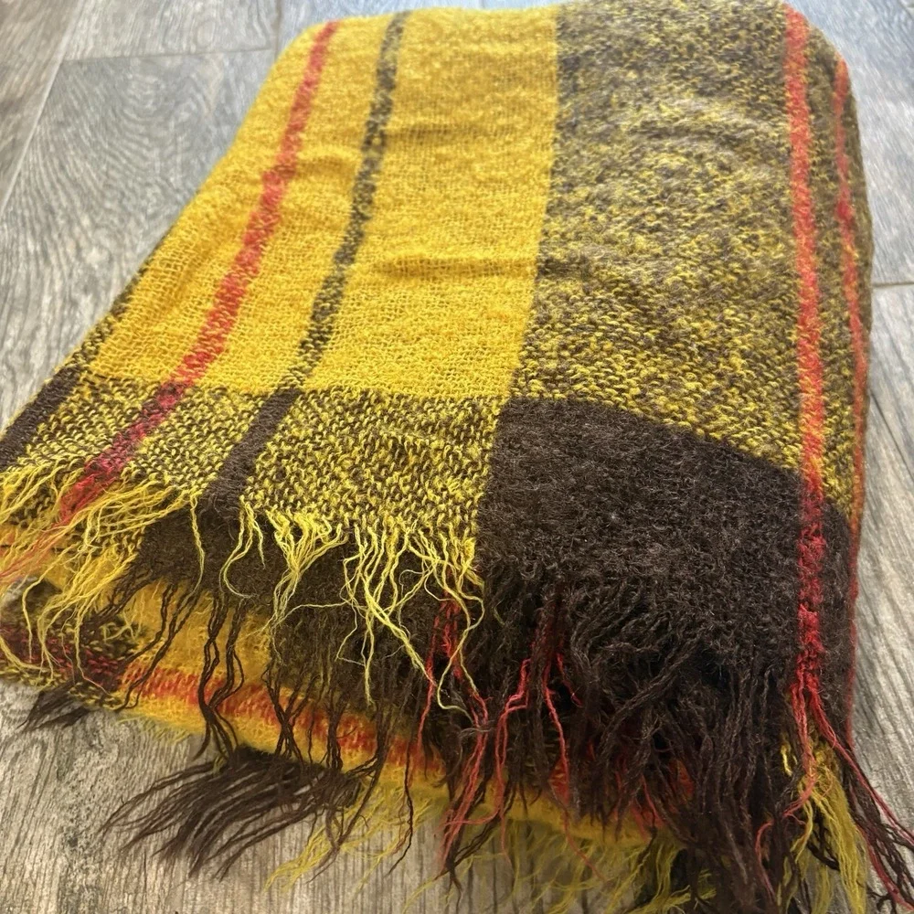 Vtg Mohair & Wool Throw Blanket Yellow Brown Red Fringe 60x48